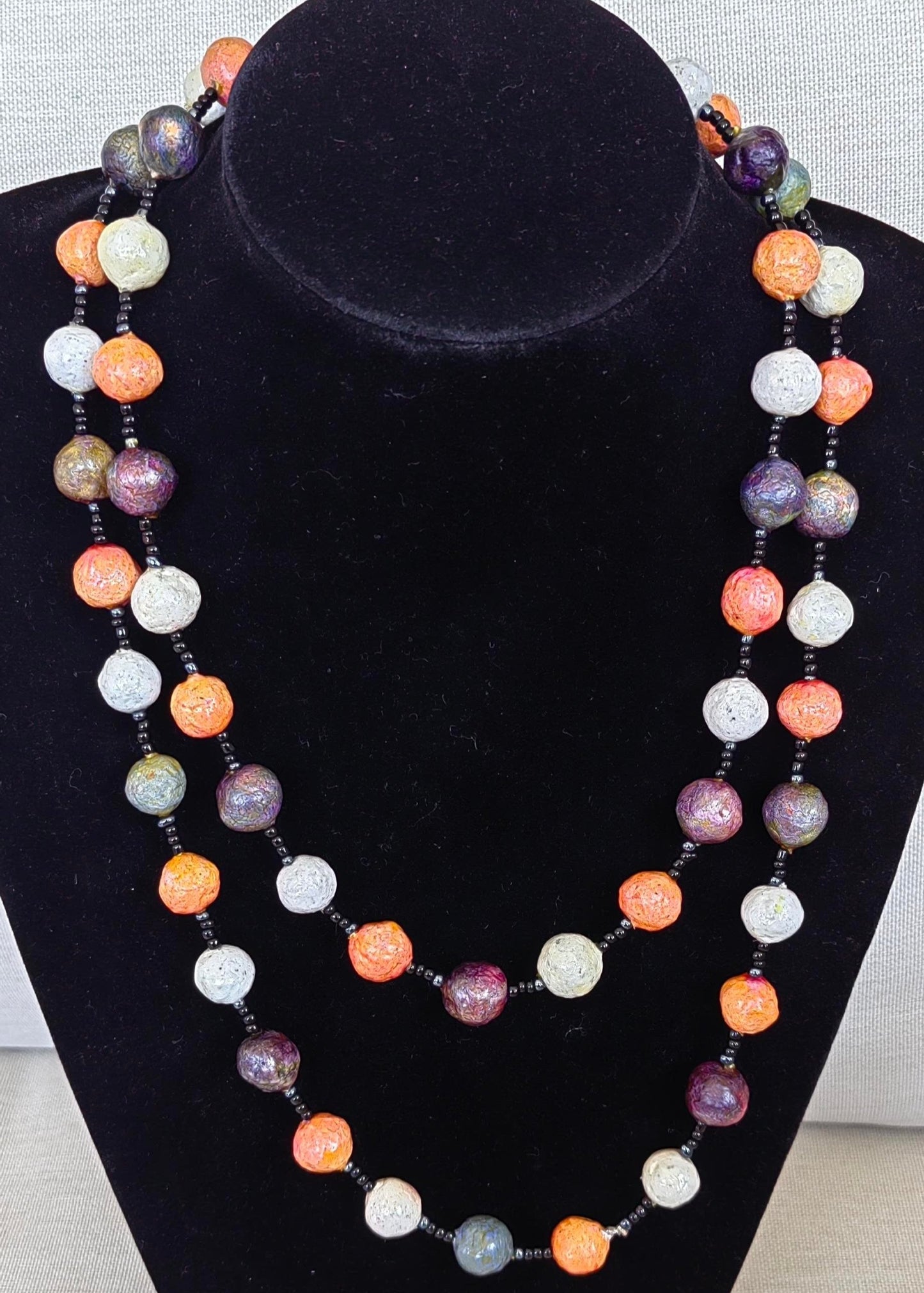 Paper Mache Beaded Necklace - Mixed (Peach - Purple - White)