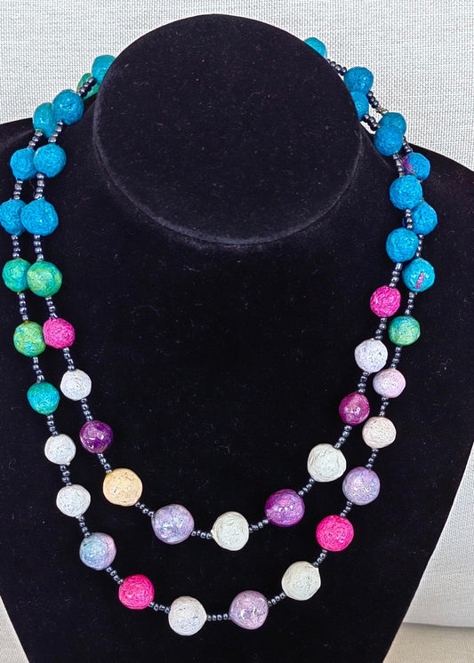 Paper Mache Beaded Necklace - Mixed (Blue - Pink - White)